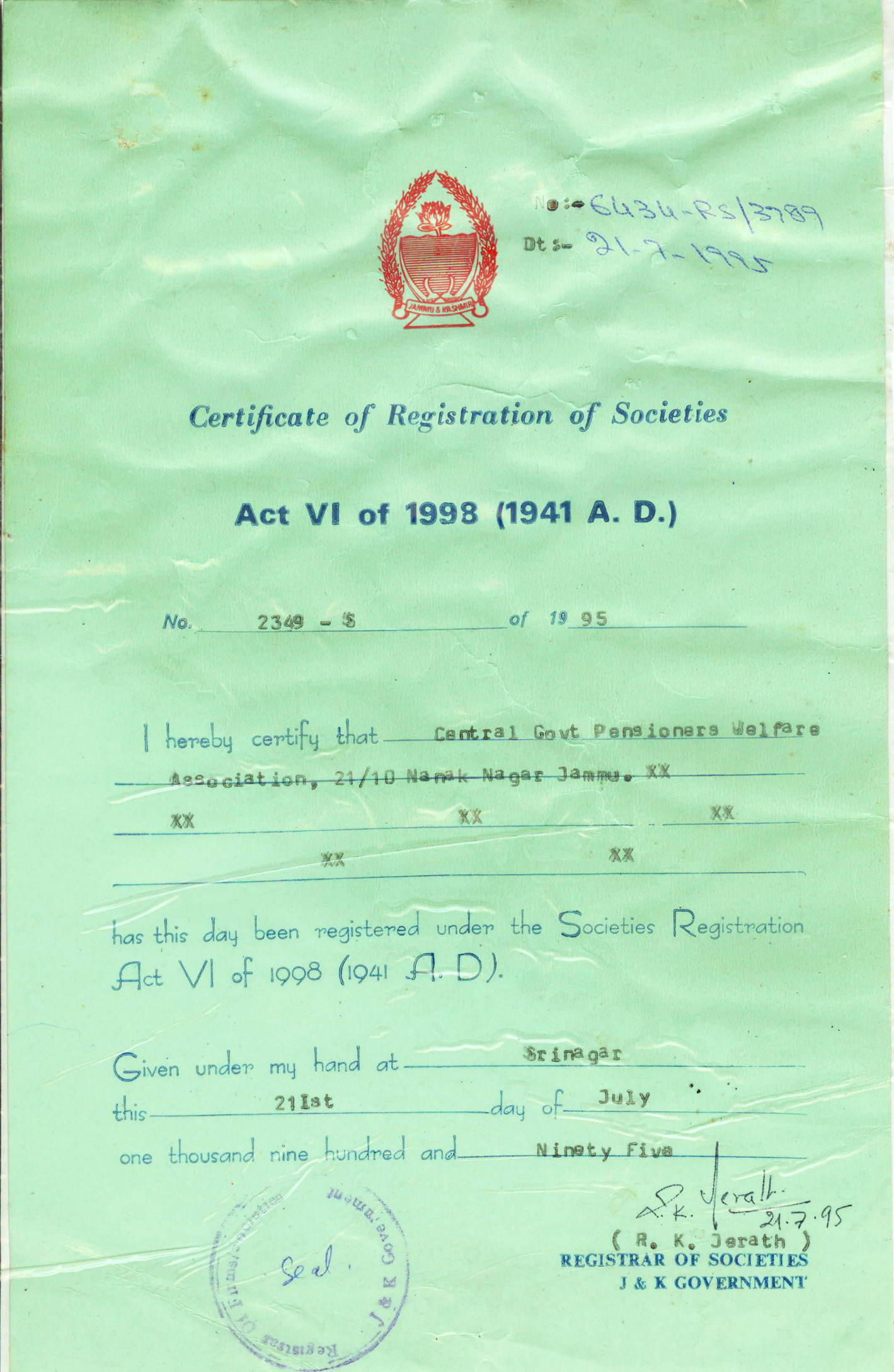 CERTIFICATE OF REGISTRATION